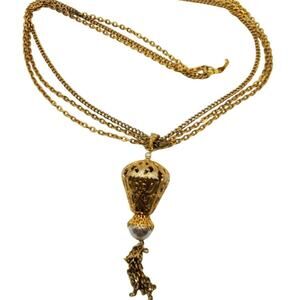 Celebrity Faux Pearl Pendant Necklace Gold Tone Triple Chain Tassel Filigree Vtg